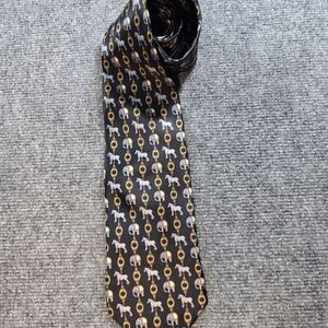 Mens Silk Tie Black Gold Horse Equestrian Novelty Pattern Necktie